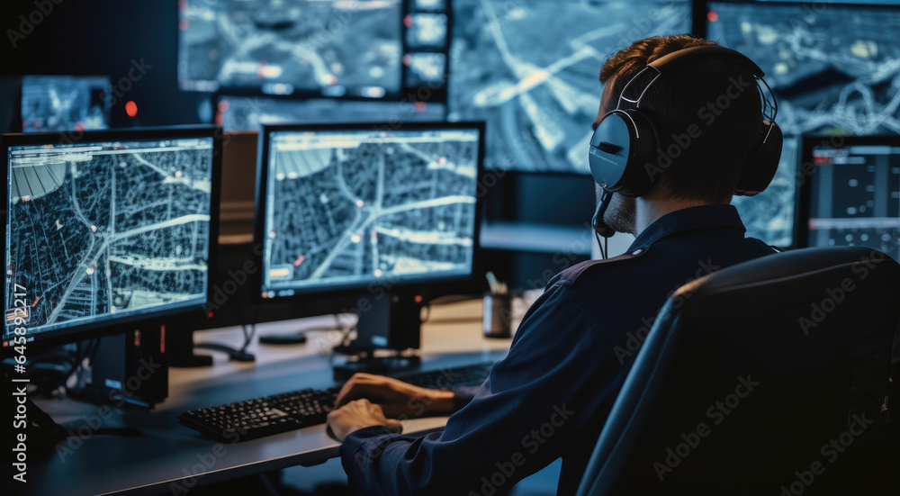 Fototapete Fleet Manager Using Headphones with Built-In Mic for Communication with Delivery Vehicles At Monitoring Room, High-Tech Monitoring Room.