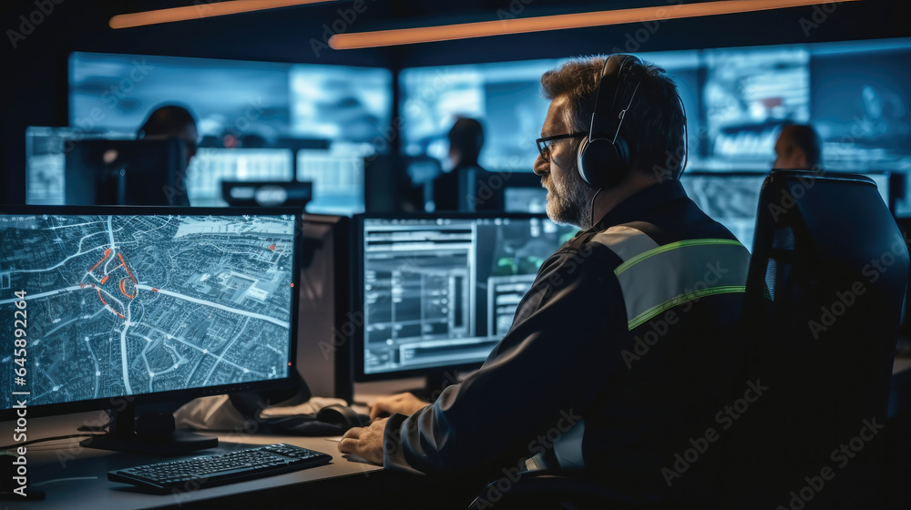 Sticker Fleet Manager Using Headphones with Built-In Mic for Communication with Delivery Vehicles At Monitoring Room, High-Tech Monitoring Room.