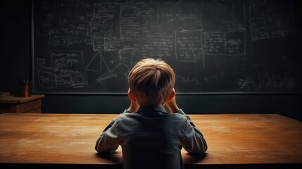 Rear view, Little boy holding his head while sitting in school class against the backdrop of the blackboard.