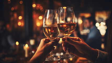 close up hands friends toasting white wine at dinner party in restaurant.