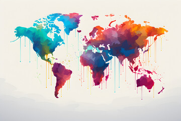 world map in a colourful abstract dripping art style on white background