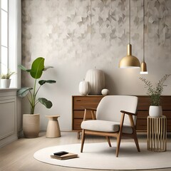 Aesthetic composition of living room interior with copy space, boucle armchair, vase with dried flowers, round pillow, wooden sideboard, beige rug and personal accessories.AI generated