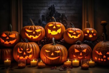 Fototapeta premium Halloween spooky pumpkin in haunted house on the dark background