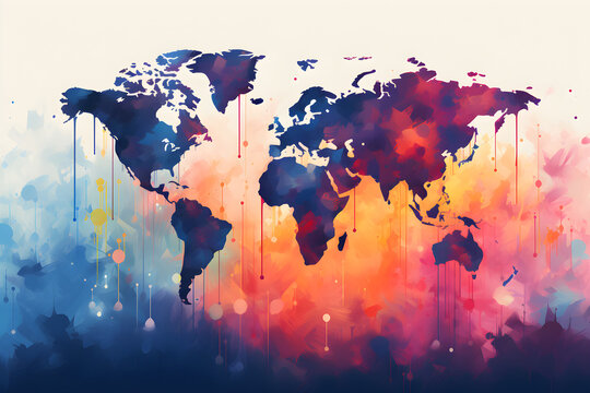 Fototapeta world map in a colourful abstract painterly dripping art style