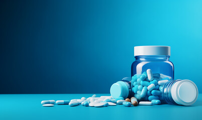 Blue antibiotic pill and medical equipment in laboratory collection variation, blank space on left, right, center side, blue background, view on front AI image generative - obrazy, fototapety, plakaty