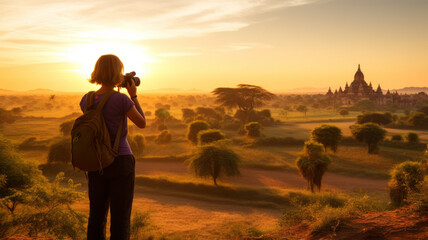 female traveler photographing temples at Bagan Myanmar Asia at sunrise generative ai