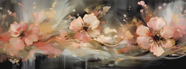 gold and pink flowers in the same glass print wallpaper, in the style of fluid abstraction.