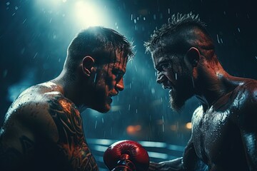 Boxing: Two fighters exchange blows in the center of a boxing ring, under the spotlight's glare. Generated with AI - obrazy, fototapety, plakaty