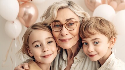 Grandmother and grandkids celebrate a birthday in a studio. Generative AI