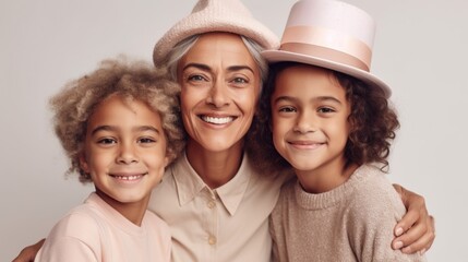 Fototapeta premium Grandmother and grandkids share a happy birthday moment. Generative AI