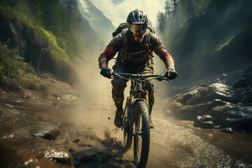 Riding bicycle on beautiful mountain trail in morning, cyclist on sports bike, Generated with AI