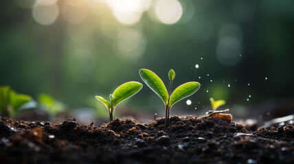 photograph of young plants growing up on ground with raining drop, save world and green green environment concept.generative ai