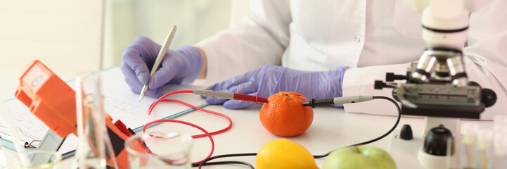 Scientist with microscope and research equipment takes notes while examining fruits and vegetables.