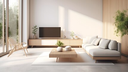modern living room with white and natural wood furniture