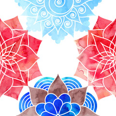 Abstract background with frame for the cover decorated with blue and red watercolor mandala patterns in Asian ethnic style - 645897042