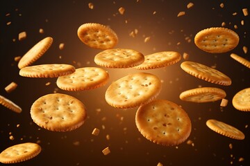 Fototapeta na wymiar Flying round crackers on dark background․ 