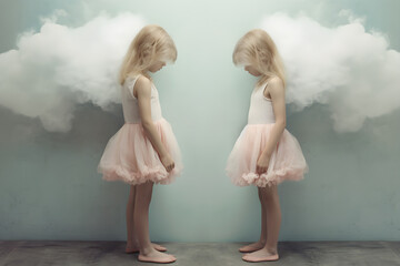 twin girls and clouds, surreal photography, soft bright colours, foggy environment - obrazy, fototapety, plakaty
