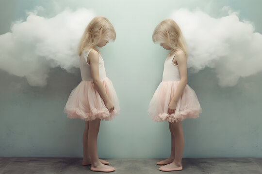 twin girls and clouds, surreal photography, soft bright colours, foggy environment