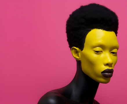 Fashion Concept. Closeup portrait of chiseled features androgynous woman portrait yellow pink paint clay pigmentation. illuminated dynamic composition. sensual, advertisement, magazine. copy space