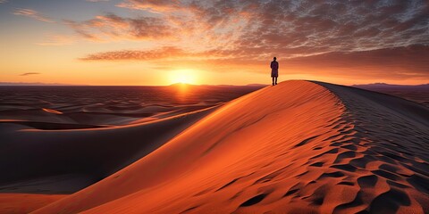 Solo adventure. Chasing sun. Hiking across golden sands. Desert dreams. Journey through sahara dunes - obrazy, fototapety, plakaty
