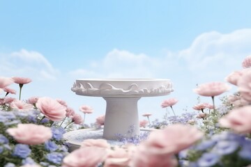 Natural beauty podium backdrop with spring rose flower field scene. 3d rendering. generative ai.