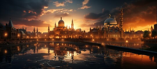 Obraz premium majestic mosque with a stunning minaret against a sunset backdrop.Generated with AI
