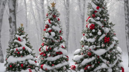 Fototapeta na wymiar Decorative Christmas tree with red ornament in snowfall. 