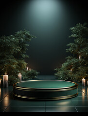 Fototapeta na wymiar Podium on dark background with palm trees and candles. 3D rendering