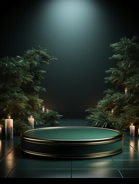 Podium on dark background with palm trees and candles. 3D rendering