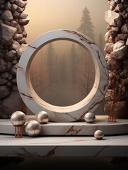 3d render of abstract background with marble podium and round mirror.