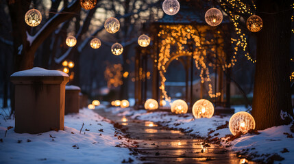Outdoor Christmas light decorations in a garden