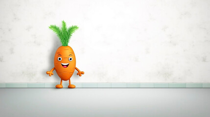 Illustration of a cute carrot character with copy space available. Smiling carrot vegetable. Healthy fresh food concept. Animated film character. - obrazy, fototapety, plakaty
