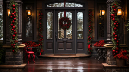 Fototapeta premium Home Decorated with Christmas Sparkle. Welcoming Christmas Entryway