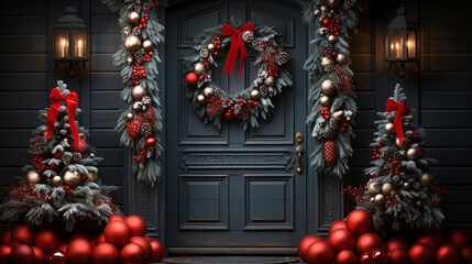 Fototapeta premium Home Decorated with Christmas Sparkle. Welcoming Christmas Entryway