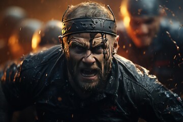 Rugby: Players in scrum caps and jerseys form a scrum, locked in a fierce battle for possession.Generated with AI