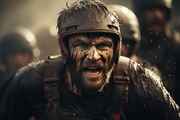 Rugby: Players in scrum caps and jerseys form a scrum, locked in a fierce battle for possession.Generated with AI