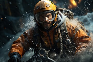 Obraz premium Search and Rescue Specialist: A search and rescue specialist braves treacherous terrain to save lives in emergencies.Generated with AI