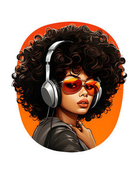 Vintage Illustrator style stickers vector designed in bright neon colors. Referring to 80s dance music, it showcases chic black African women. Wear headphones and sunglasses placed on a white bg.