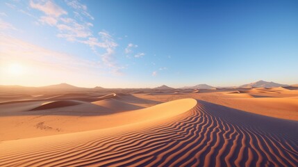 Fototapeta na wymiar Endless golden sand dunes stretch across a remote desert landscape. The sun casts mesmerizing shadows, creating a breathtaking vista of arid beauty and tranquil solitude.