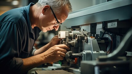 Focused engineer with precision tools and safety gear, working on a mechanical component. The close-up shot captures intricate details under natural lighting, showcasing expertise in engineering