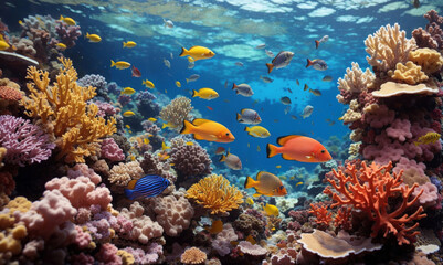 Naklejka na ściany i meble Colorful tropical coral reef with fish