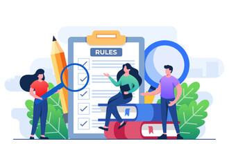 People discuss company rules and regulations, Agreement, Corporate law and business ethics, Compliance, Company policy concept for web design, infographic, landing page, social media, app