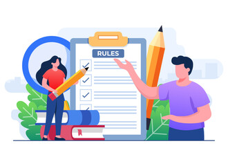 People discuss company rules and regulations, Agreement, Corporate law and business ethics, Compliance, Company policy concept for web design, infographic, landing page, social media, app