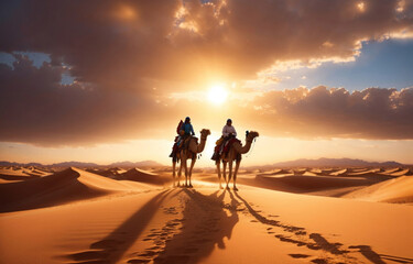 Fototapeta na wymiar Desert Expeditions, silhouette Two Travelers riding a camel through the desert at sunset