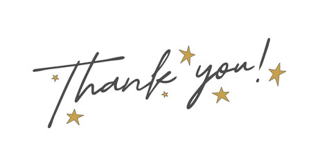 Thank You with little golden stars, Handwritten Lettering. Template for Banner, Postcard, Poster, Print, Sticker or Web Product. Vector Illustration, Objects Isolated on White Background. - obrazy, fototapety, plakaty