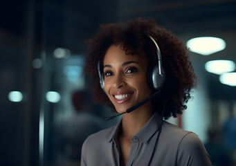 Happy African American Customer Service Representative with Curly Hair Assisting Customers in Call Center Office