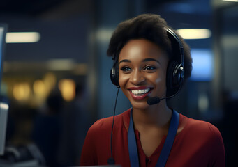 Happy African American Customer Service Representative with Curly Hair Assisting Customers in Call Center Office - obrazy, fototapety, plakaty