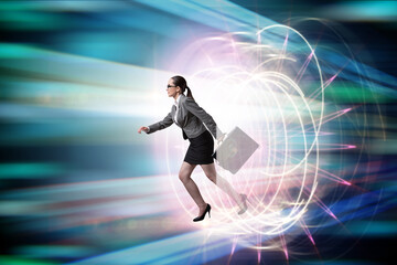 Businesswoman entering virtual world in business concept