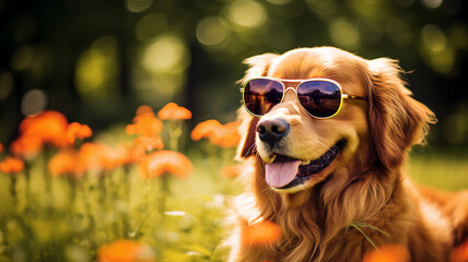 DOG WEARING SUNGLASSES IN THE PARK