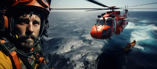 Muurstickers Coast Guard lifeguard descends from a helicopter onto a ship in the middle of the deep blue sea, performing a daring rescue operation.Generated with AI © Chanwit
